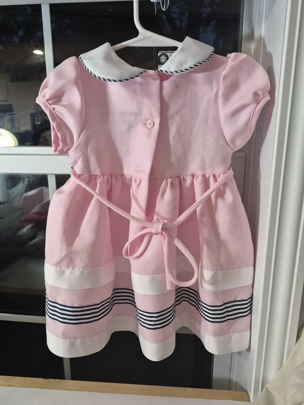 Rare Editions Pink Nautical Dress with Black Stripe Waist and White Bow